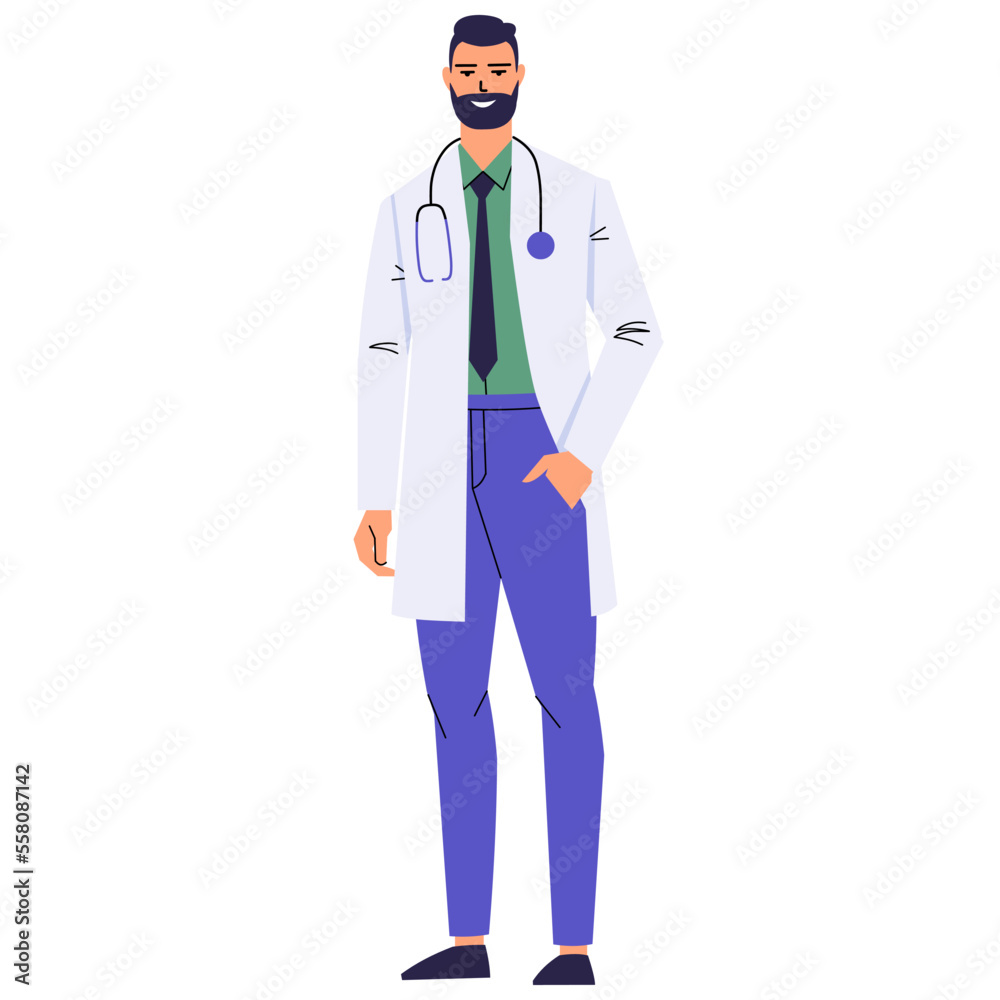 Bearded doctor holding hand in pocket isolated on white background. A medical worker in a white coat and with a stethoscope. Full-length smiling character. Flat style, vector. Bearded doctor holding hand in pocket isolated on white background. A medical worker in a white coat and with a stethoscope. Full-length smiling character. Flat style, vector.