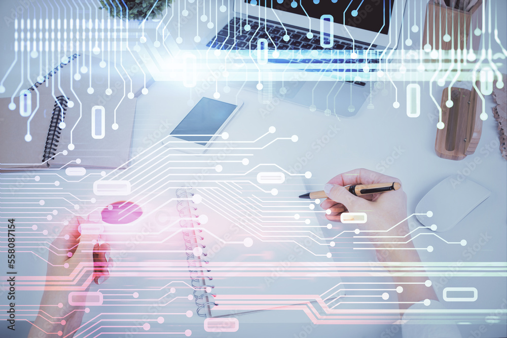 Double exposure of writing hand on background with data technology hologram. Big data concept. Double exposure of writing hand on background with data technology hologram. Big data concept.