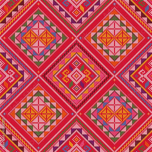 Yakan cloth inspired vector seamless pattern, traditional folk art textile or fabric print design from Philippines with various colors and geometric shapes 