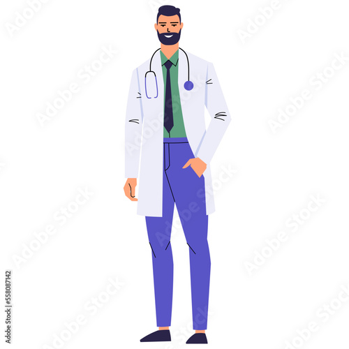 Bearded doctor holding hand in pocket isolated on white background. A medical worker in a white coat and with a stethoscope. Full-length smiling character. Flat style, vector.