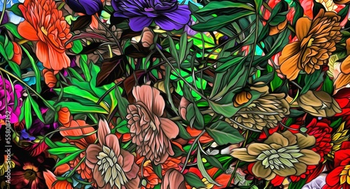 Abstract psychedelic fractal background of stylized watercolor illustration, colored chaotically blurred spots and paint strokes of different sizes and shapes