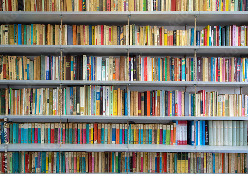 a close-up of a library with many books