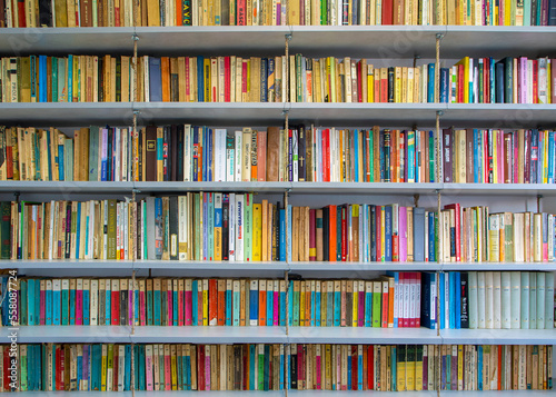 a close-up of a library with many old books