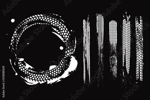 Tire tracks, tire mark. Tracks of tyre, tire print traces and bike drift treads, vector dirt wheels background. Dirty grunge print textured, car and motorcycle tire track set.