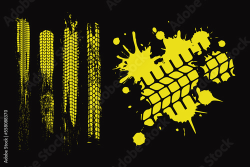 Tire tracks, tire mark. Tracks of tyre, tire print traces and bike drift treads, vector dirt wheels background. Dirty grunge print textured, car and motorcycle tire track set.