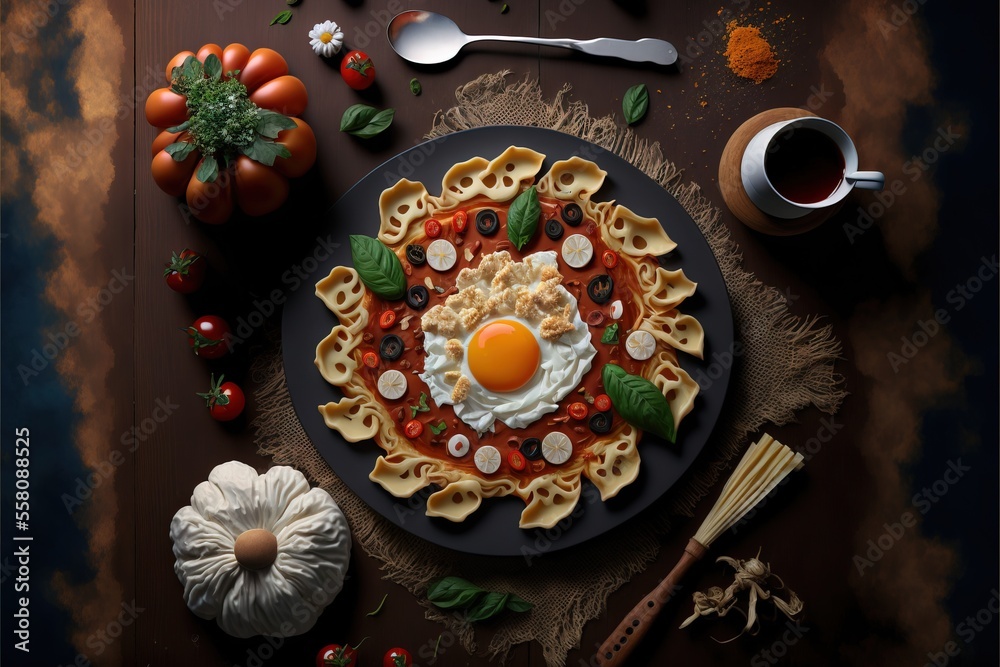 a plate of food on a table with a fork and a cup of coffee on the table next to the plate is an egg on top of pasta and tomatoes and a fork and a spoon.