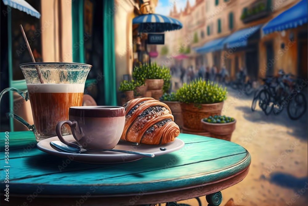 a painting of a cup of coffee and a croissant on a table outside of a ...