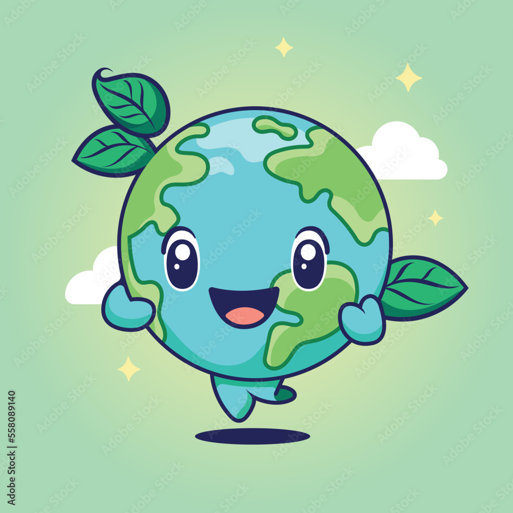Cute cartoon character of planet earth with leaves. Environmental care and ecology concept. Flat style vector illustration.