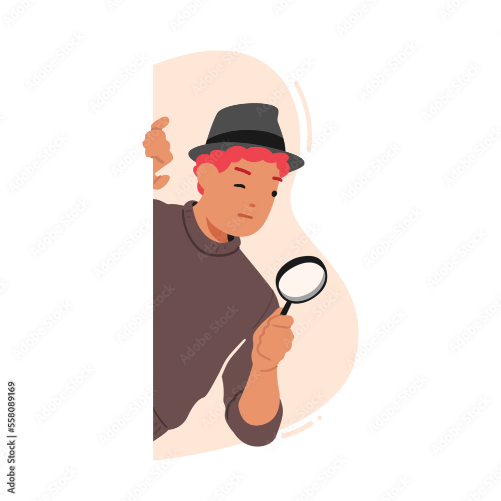Detective, Secret Service Agent, Investigator or Business Competitor Peeking from behind of Wall with Magnifying Glass