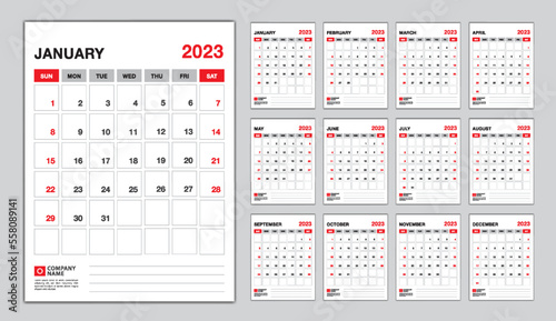 Calendar 2023 week start sunday, desk calendar 2023 design vector, Set of 12 calendar, wall calendar 2023 design, Poster, planner, advertisement, printing media, corporate design template vector.