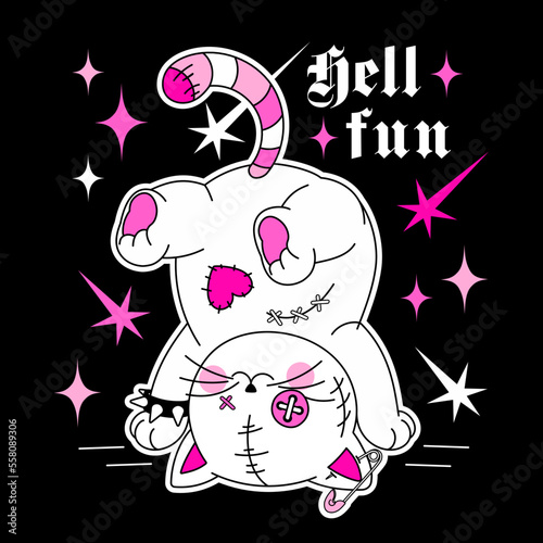 Crazy emo y2k teddy toy kitten with goth slogan "Hell fun".Naughty Glam Weird gothic 00's sticker, rock black and punk pink colors. Emo teen girly print. Cute smile cat with seams, patches.