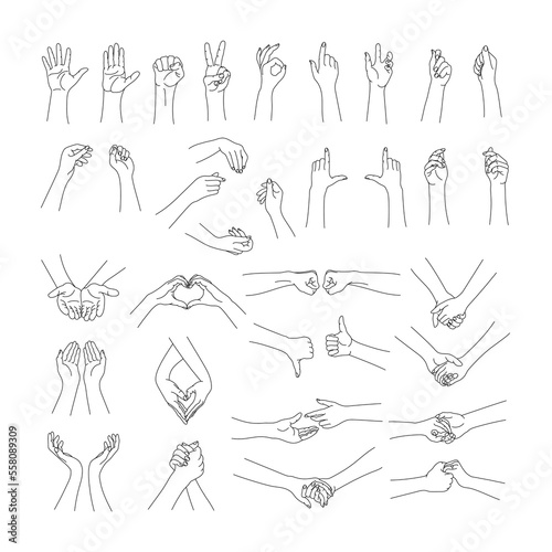 Big set of hands, basic gestures. Editable line. Vector illustration © Yuliia Borovyk
