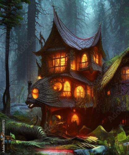 illustration of scary house in the forest photo