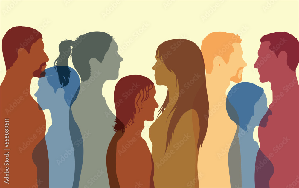 Diversity among people and a multiracial society. Various people's faces abstracted in profile. Working together as a team or in a community. Vector Illustration