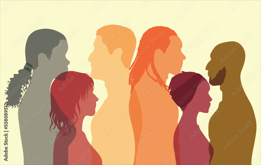 Anti-racism concept. Multi-ethnic, multi-racial diversity. Standing together, men and women representing diverse regional and local cultures. Vector Illustration
