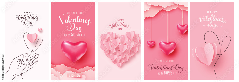 Valentines day concept card vector illustration. 3d pink paper cut and - obrazy, fototapety, plakaty 