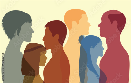 Treatment of patients with psychological therapy. People and teamwork.  Multiethnic people faces in profile. Psychology and psychiatry concepts. Vector Illustration