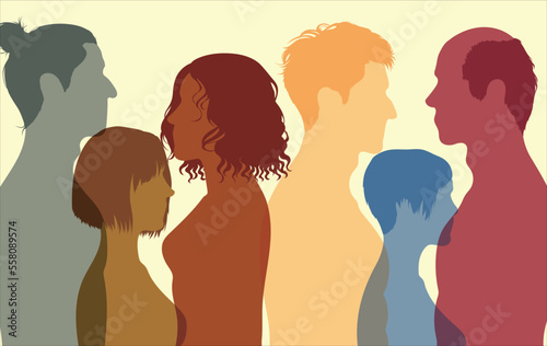 Treatment of patients with psychological therapy. People and teamwork.  Multiethnic people faces in profile. Psychology and psychiatry concepts. Vector Illustration