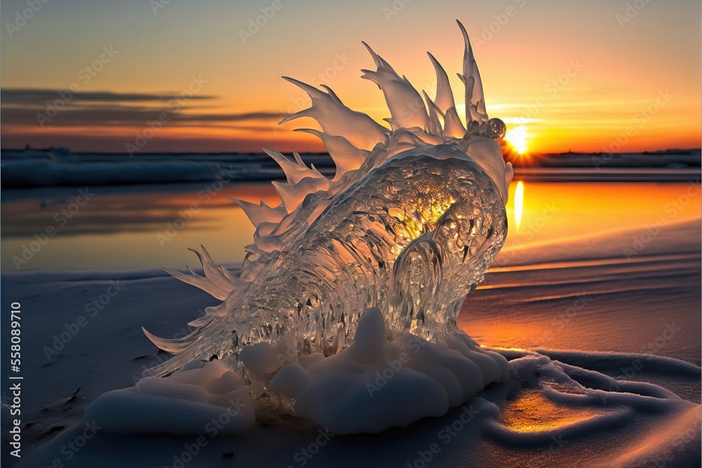 a very strange looking ice sculpture on a beach at sunset or sunrise or sunset, with the sun in the distance behind the ice and the ice on the water, the sand, and.