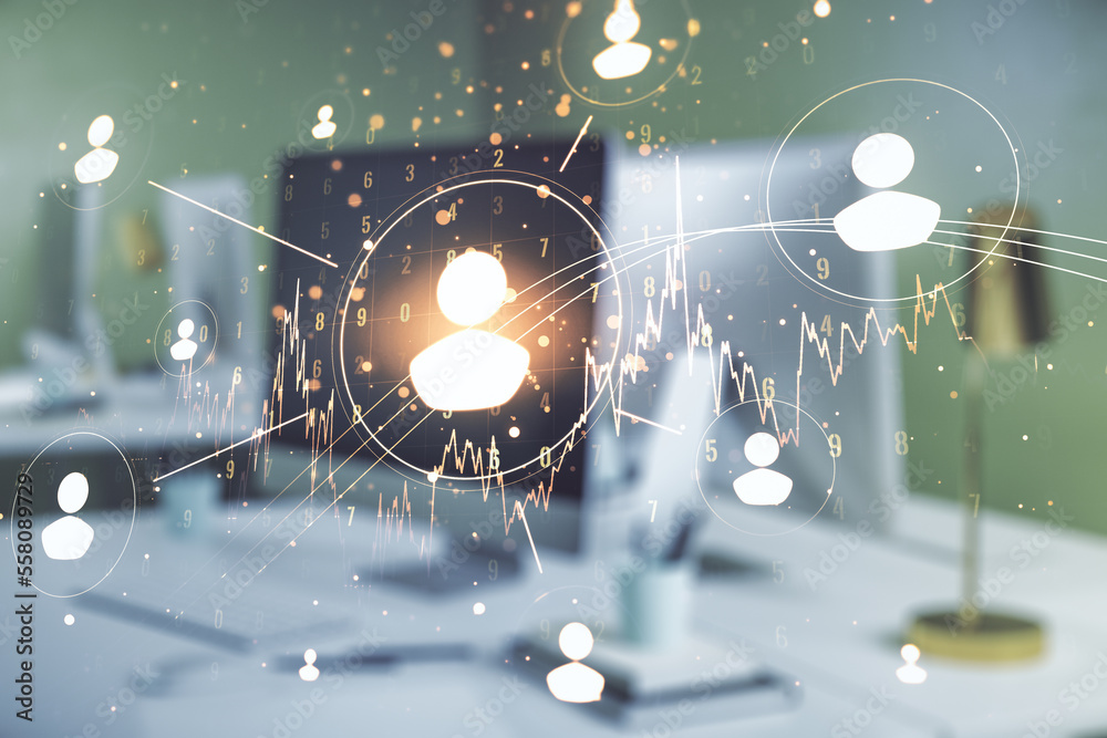 Fototapeta premium Double exposure of social network icons concept with modern laptop on background. Marketing and promotion concept