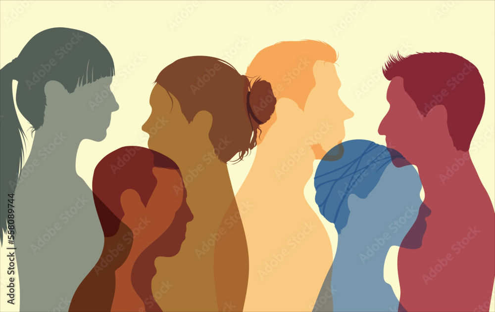 People of different colours talking in an isolated group. Various exposures. Conference or debate. Friends' discussions. The crowd communicates with each other. Vector Illustration