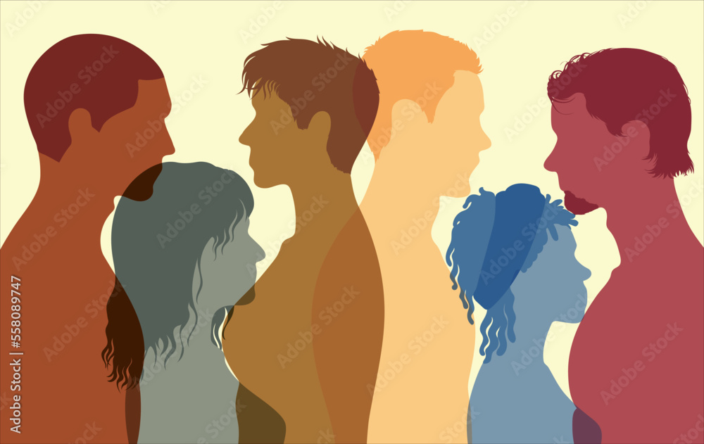 Multi-ethnic people. Crowd of talking people and coloured profiles. Talking is going on everywhere. Communicate and speak. Networking and communication on social media. Vector Illustration