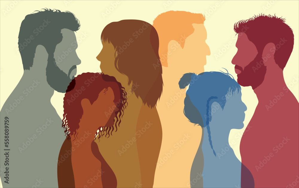 Concepts related to psychology and psychiatry. Diversity peoples and the Team community. Faces of multicultural and multiethnic people in profile. Vector Illustration