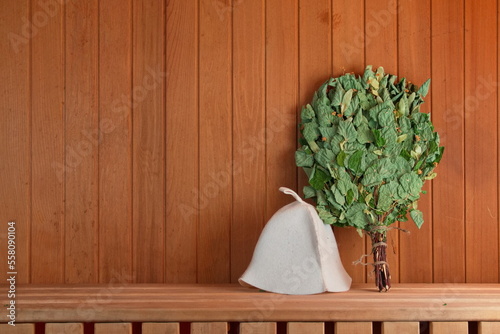Traditional Accessories for Sauna Treatments. Horizontal Photo. Front View.