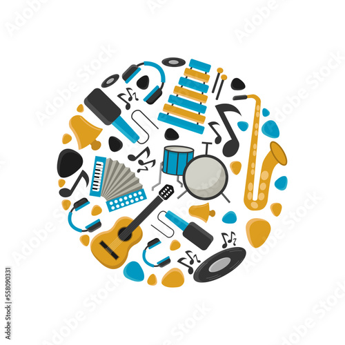 musical instruments located in a circle-shaped template.vector cartoon simple flat graphics.