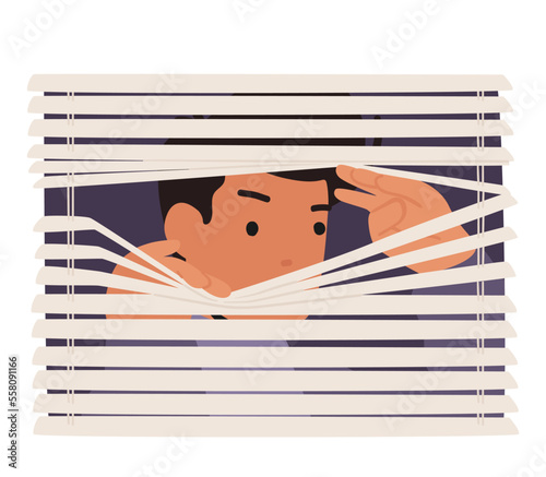 Male Character Spying through Blinds on Window Detective, Curious Neighbor, Paranoid Person, Agent, Investigator