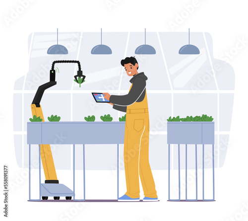 Farmer Character Planting Seedlings Using Automated Robotics Technologies And Smart Iot Control For Greenhouse And Farm