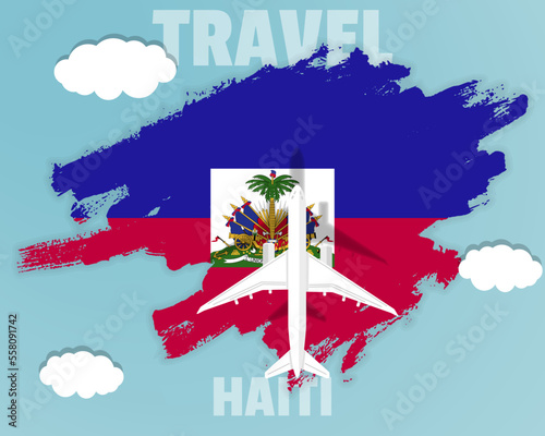 Traveling to Haiti, top view passenger plane on Haiti flag, country tourism banner idea