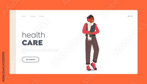 Health Care at Cold Weather Landing Page Template. Black Girl Freeze due to Low Degrees Temperature, Shivering Female