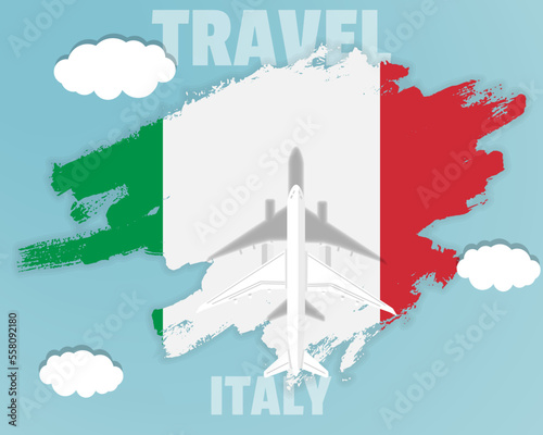 Fototapeta Naklejka Na Ścianę i Meble -  Traveling to Italy, top view passenger plane on Italy flag, country tourism banner idea