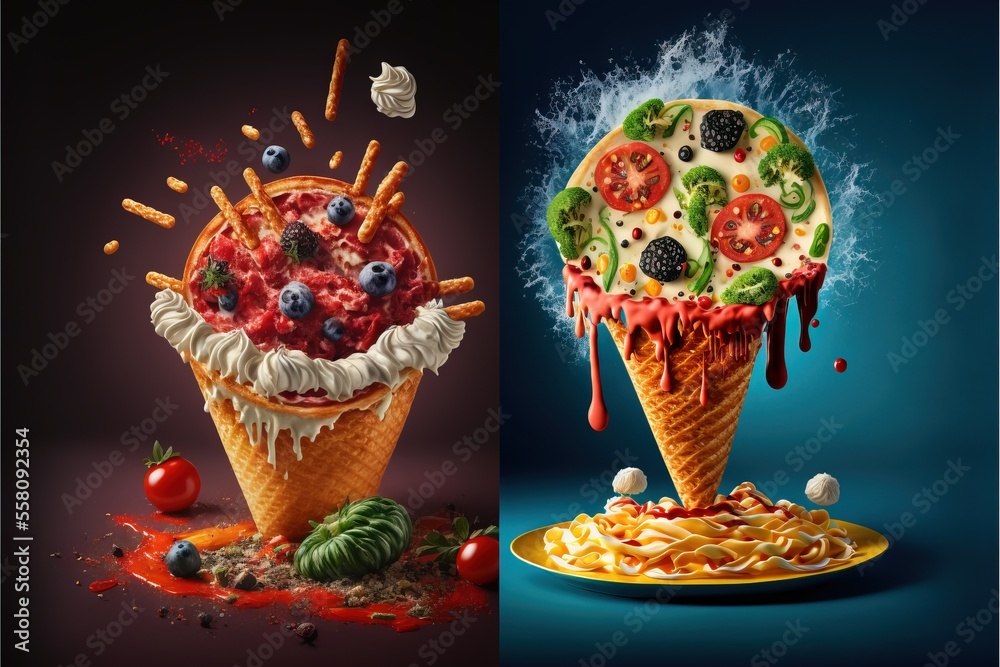 a collage of two pictures of different ice creams with toppings and toppings on top of each ice cream cone and a plate with a variety of toppings on top and bottom.