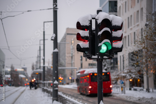 traffic light in the city during winter