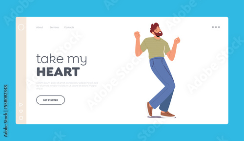 Happy Man Landing Page Template. Young Man Enjoy Dancing Fun and Positive Emotions. Cheerful Excited Male Character