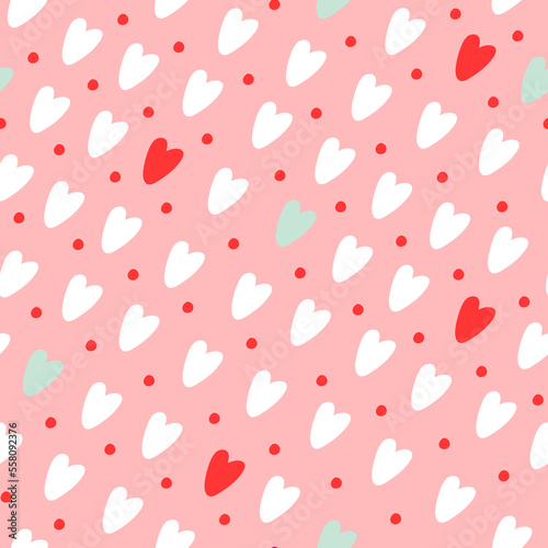 Seamless pattern with hearts and dots on a pink background. The pattern includes white, red, gray. Hand drawn hearts. Valentine's day background. Vector illustration.