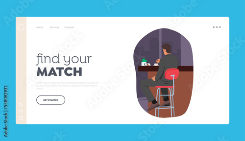 Online Date Landing Page Template. Male Character Sitting in Bar Chatting via Smartphone Application with Woman in Net