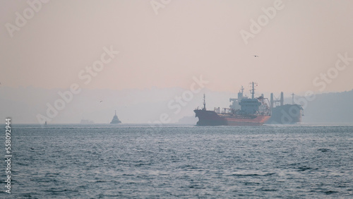 Bosphorus under fog, ship traffic in the Bosphorus, foggy sea and ship view