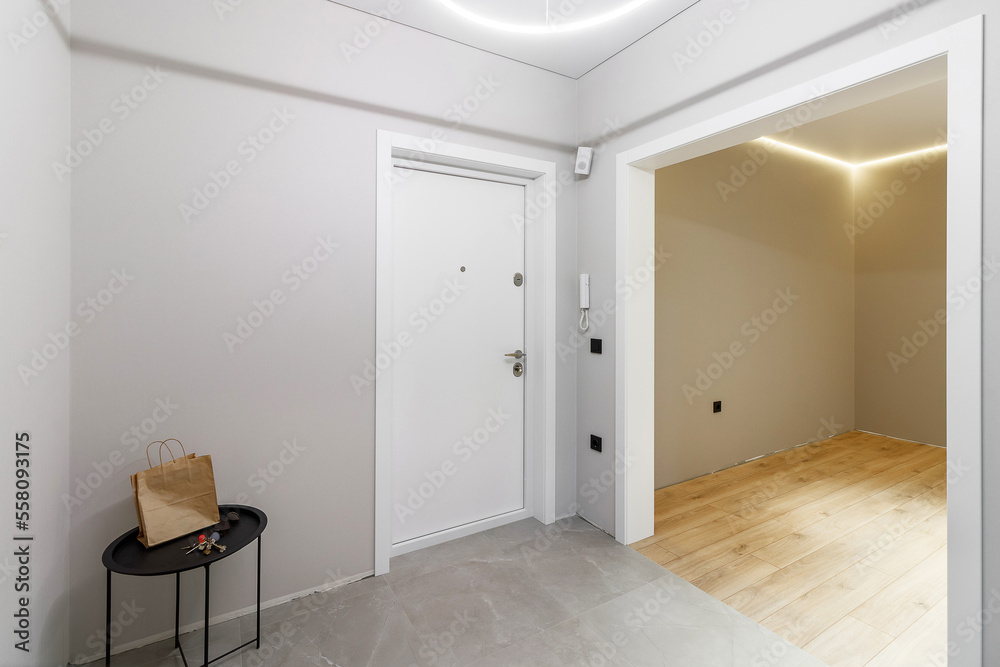 Fototapeta premium Chrome handle with keyhole on white door with panels in frames. Entrance. Close-up photo of architecture detail