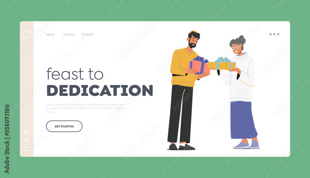Feast to Dedication Landing Page Template. Happy Family Male and Female Characters Giving Presents to Each Other