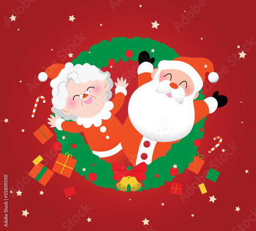 Mrs. and Mr. Claus, Santa Claus and Mother Christmas in a Christmas crown, gifts background, Christmas card vector illustration. Santa Claus and Mrs Claus in a Christmas wreath.