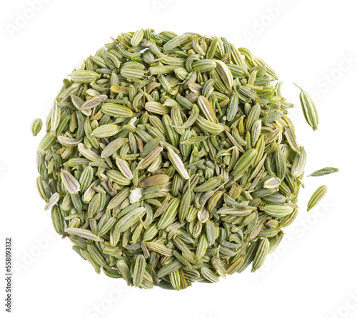 Fennel seeds isolated on white background. Green fennel grains. Spices and herbs. Top view.