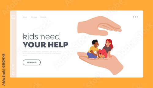 Kids Social Help, Charitable Support And Protection Landing Page Template. Helping Hand Care of Children Sitting on Palm