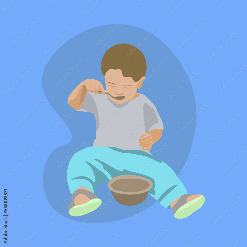 Vector isolated illustration of white baby boy eating. Vector isolated illustration of white baby boy eating.