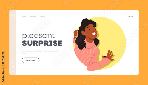 Pleasant Surprise Landing Page Template. Black Girl Peeking Out Of Round Yellow Frame. Happy Child Look from the Hole