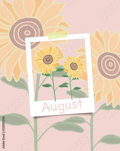 Minimalist flat floral illustration of sunflowers in August. August concept theme, modern muted colors. Trendy calendar, late summer season.
