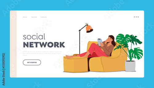 Social Network Landing Page Template. Online Date, Modern Relations, Female Character Sitting on Sofa with Tablet Pc
