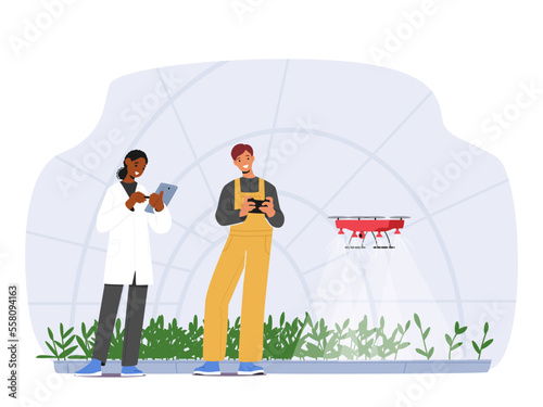 Farmers Manage Farm Or Smart Greenhouse With Innovative Technology. Agricultural Automation With Remote Drone Control